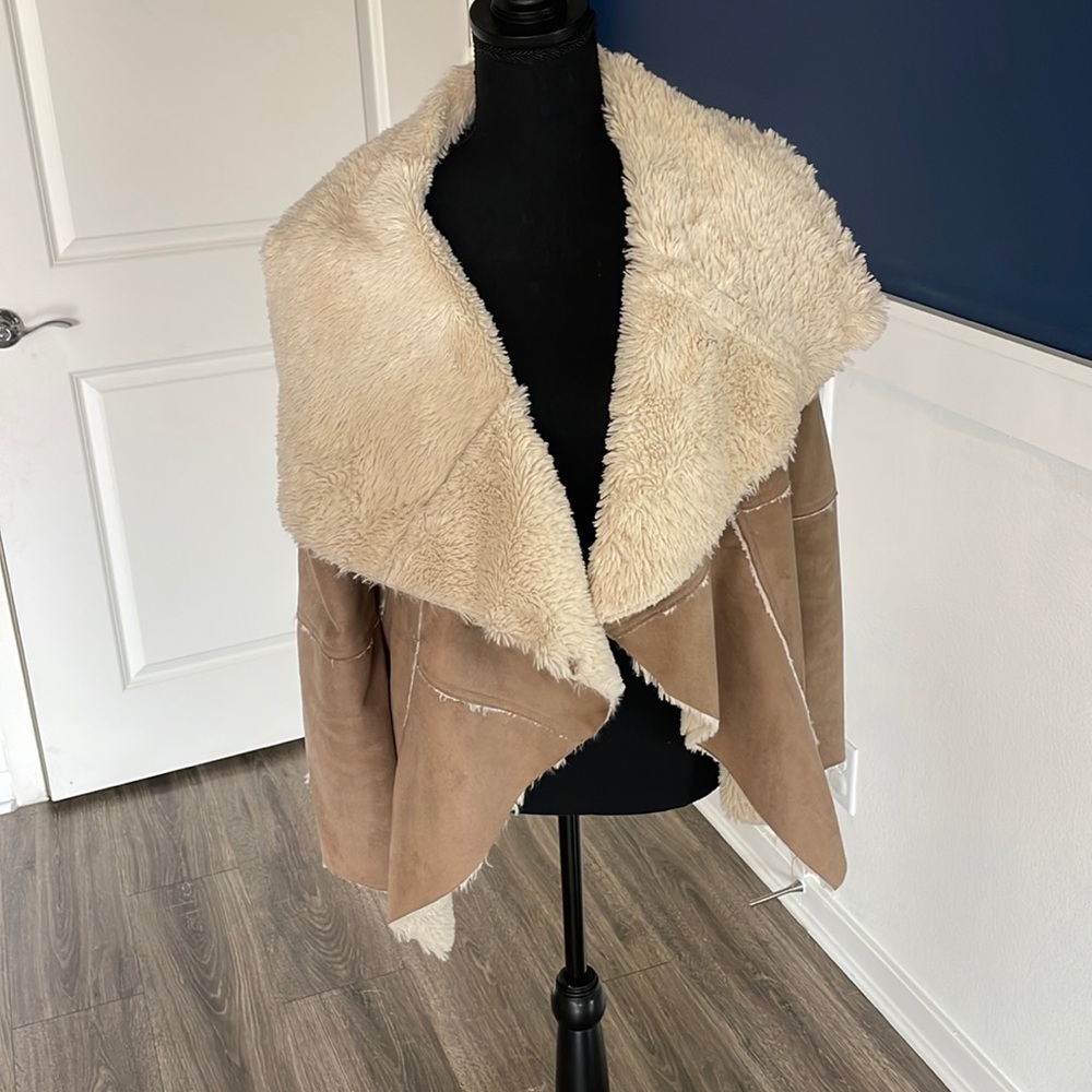 Furry warm coat, taupe color suede